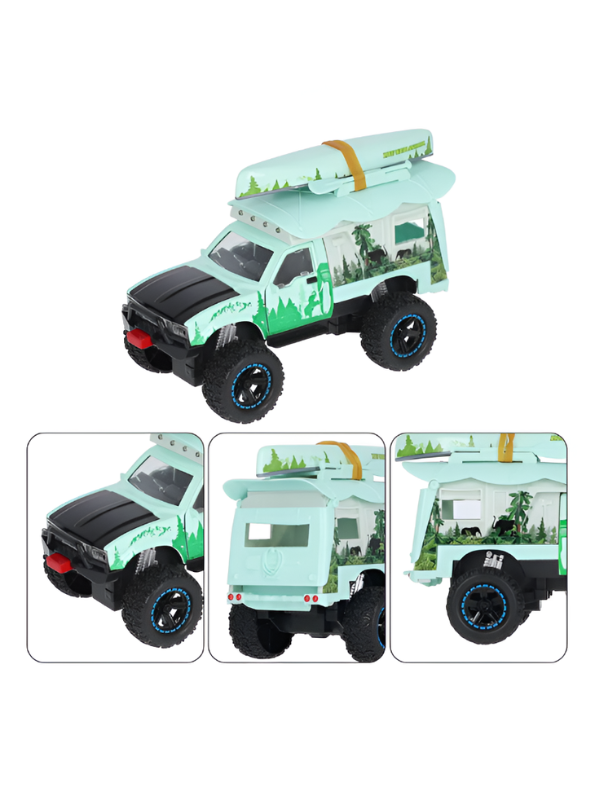 Green 4x4 Off-Road Adventure Camper Metal Toy Truck with Roof-Top Canoe – Safari SUV Toy Vehicle with Wilderness Graphics for Kids & Collectors LMI16426