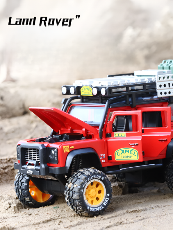 Red Land Rover Defender 1:24 Scale Diecast Off-Road SUV – Camel Trophy Edition Roof Rack & Detailed Accessories LMI16541
