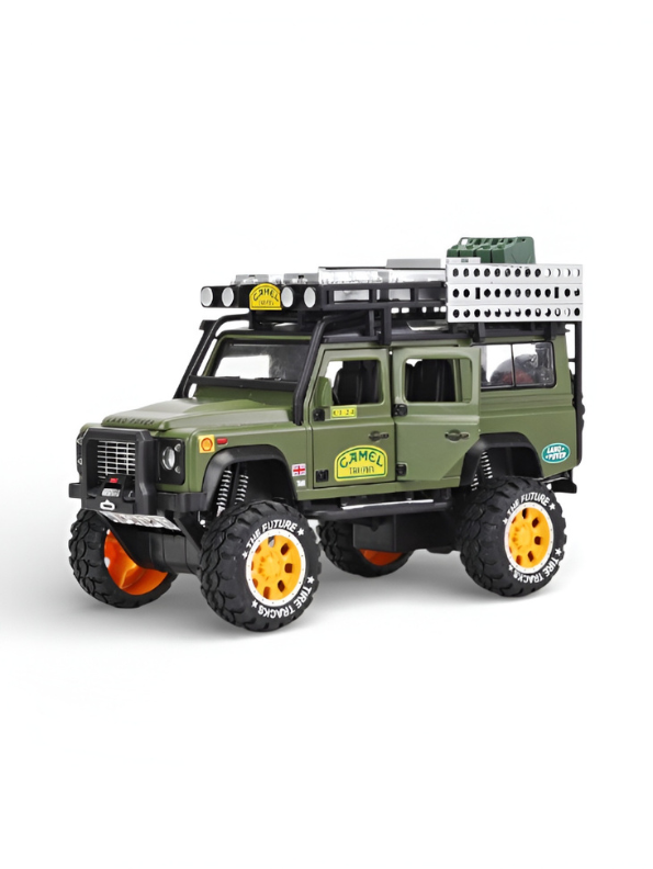 Land Rover Defender 1:24 Scale Diecast Off-Road SUV – Camel Trophy Edition Roof Rack & Detailed Accessories - Free Car Inside - LMI16541