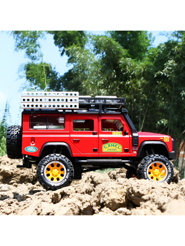 Red Land Rover Defender 1:24 Scale Diecast Off-Road SUV – Camel Trophy Edition Roof Rack & Detailed Accessories LMI16541
