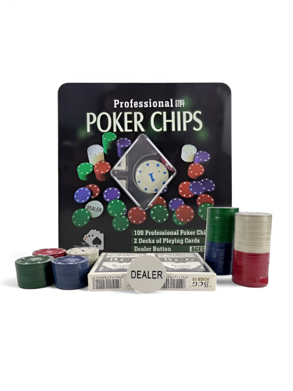 Professional 100-Piece Poker Chip Set with 2 Decks of Playing Cards and Dealer Button – Complete Casino Betting Game Kit for Adults and Family Game Night TV5420