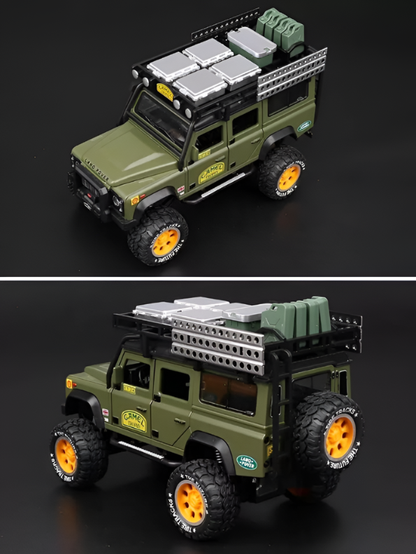 Green Land Rover Defender 1:24 Scale Diecast Off-Road SUV – Camel Trophy Edition Roof Rack & Detailed Accessories LMI16541
