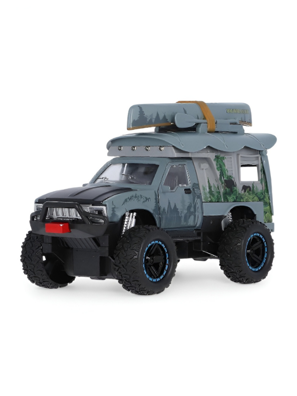 Grey 4x4 Off-Road Adventure Camper Metal Toy Truck with Roof-Top Canoe – Safari SUV Toy Vehicle with Wilderness Graphics for Kids & Collectors LMI16426