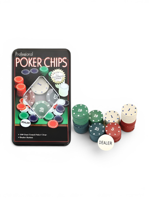 Poker Chips Set with Dealer Button and Tin Case - Premium Dual-Toned Gaming Tokens for Texas Hold'em, Blackjack, and Casino Night Party Games TV5419