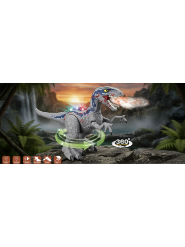 Grey Electronic Walking Velociraptor Dinosaur Toy with Roaring Sounds and LED Glowing Eyes - Battery Operated Realistic Dino Figure for Kids Boys & Girls LMI10429