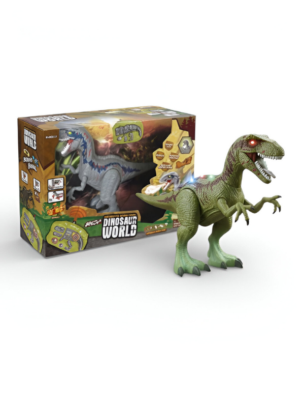 Green Electronic Walking Velociraptor Dinosaur Toy with Roaring Sounds and LED Glowing Eyes - Battery Operated Realistic Dino Figure for Kids Boys & Girls LMI10429