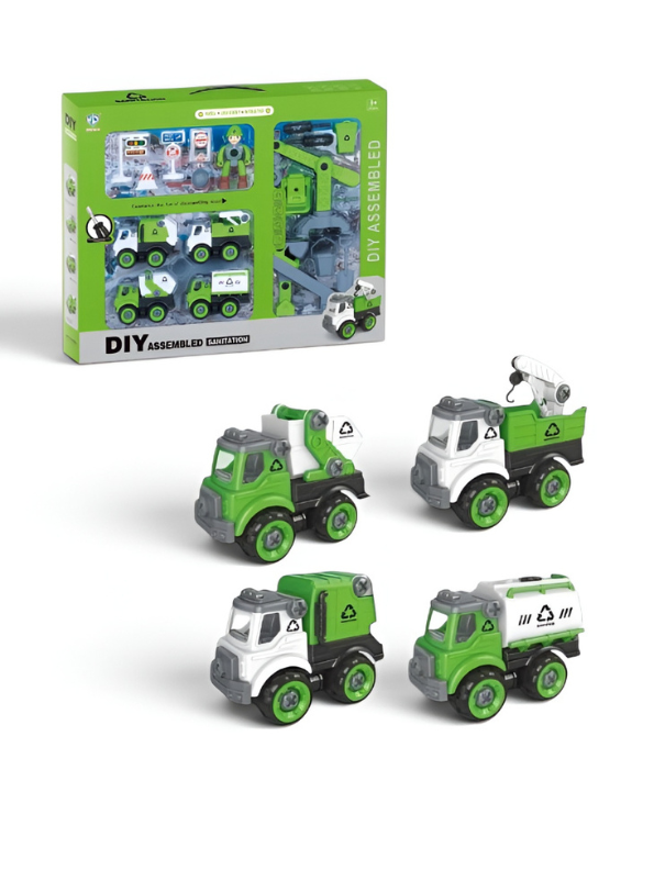 DIY Assembled Sanitation Truck Toy Set with STEM Tools & Play Mat 4-Pack TV6660