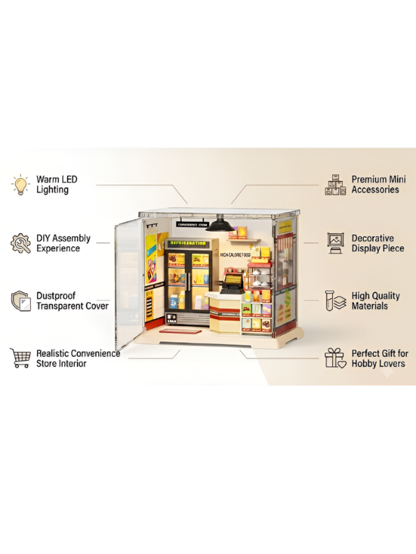 DIY Miniature Convenience Store Kit with LED Light & Clear Case MD338.