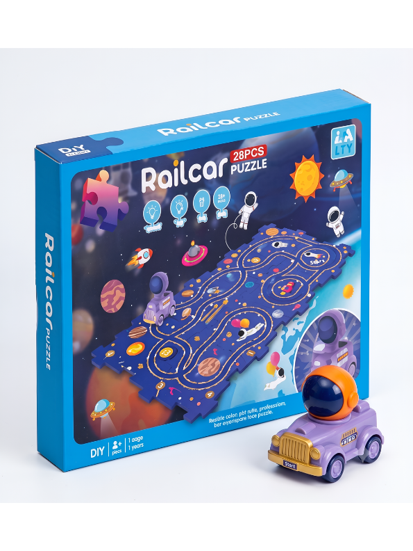 DIY Outer Space Railcar Track Puzzle Toy Set – 28-Piece Interlocking Flexible Track Play Mat with Automatic Astronaut Car, STEM Educational Building Toy TV4700.