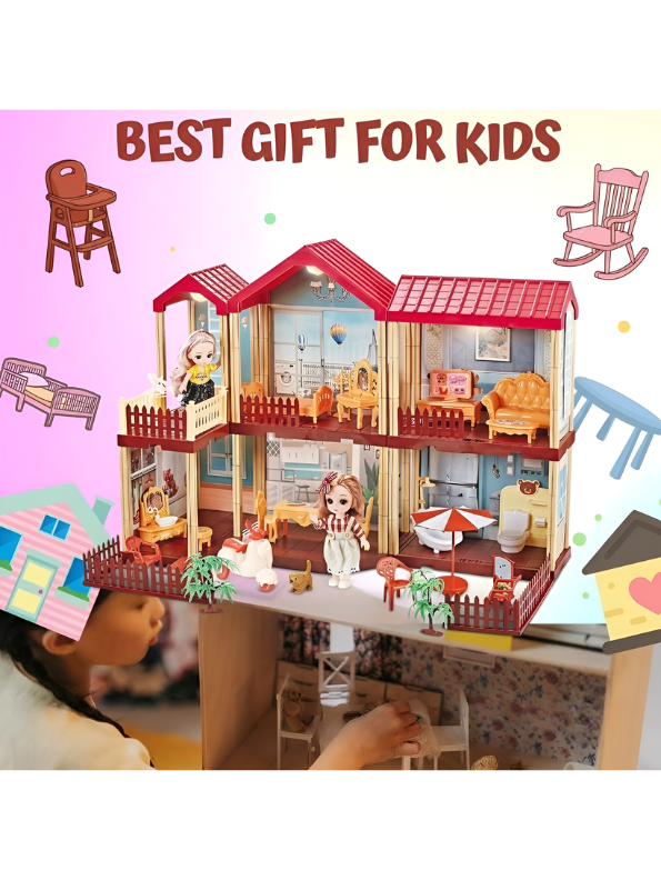 DIY Princess Dollhouse Playset with LED Lights, 2 Fashion Dolls, Furniture & Garden Yard – Multi-Story Pretend Play Villa Toy MD745