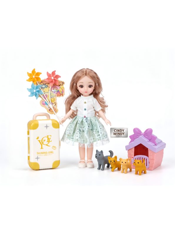 Cindy Windy "Shining Girl" Travel Fashion Doll & Pet Playset with Suitcase and Kittens NX16707