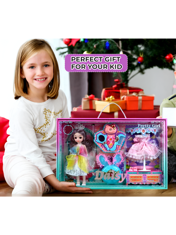 Daisy Princess Doll Fashion Set, 12-Piece Toy with Rainbow Dress & Pink Ballgown, Tiara, Shoes & Vanity Accessories – Girls Princess Doll Gift for Ages 3+ NX13116.