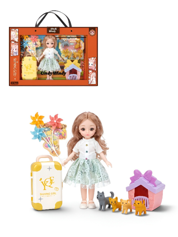 Cindy Windy "Shining Girl" Travel Fashion Doll & Pet Playset with Suitcase and Kittens NX16707