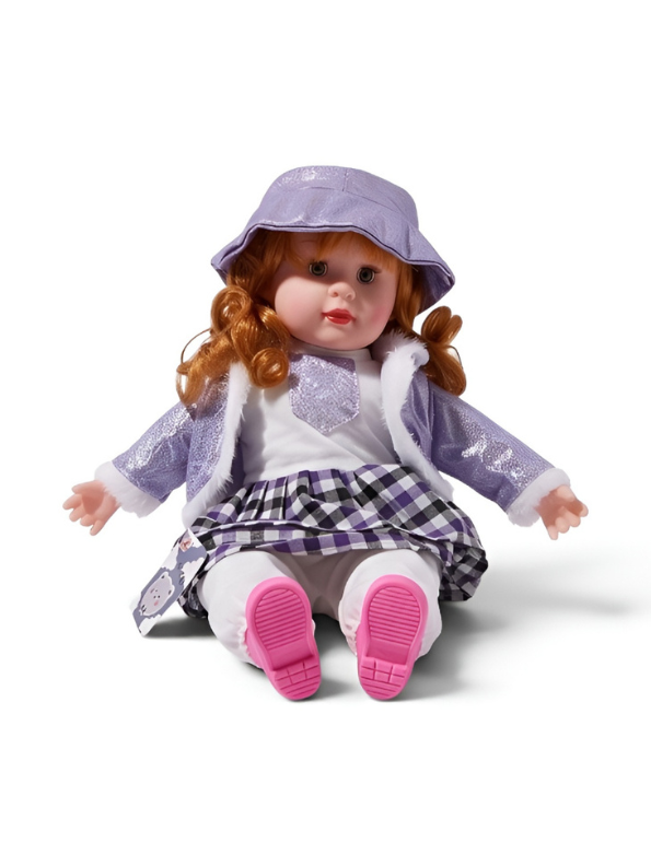 Realistic Girl Doll with Curly Red Hair, Purple Shimmer Jacket, Plaid Skirt, and Matching Bucket Hat Toy Set LMI7707