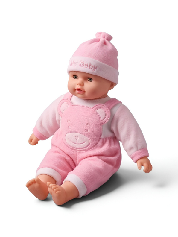 Realistic Soft Body Baby Doll in Pink Teddy Bear Dungarees and Hat | Lifelike Newborn Toy with Sound Effects for Toddlers LMI7913
