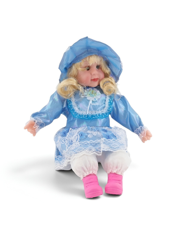 Porcelain Doll in Elegant Blue Dress and Bonnet – Vintage-Style Sitting Ceramic Doll with Blonde Curls and Pink Boots For Kids LMI7707