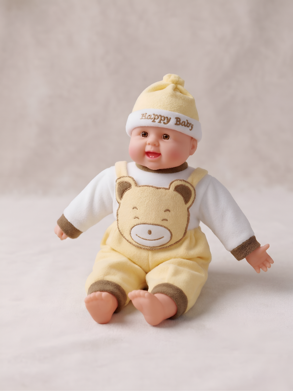 Realistic Soft Body Baby Doll in Yellow Teddy Bear Dungarees and Hat | Lifelike Newborn Toy with Sound Effects for Toddlers LMI7913