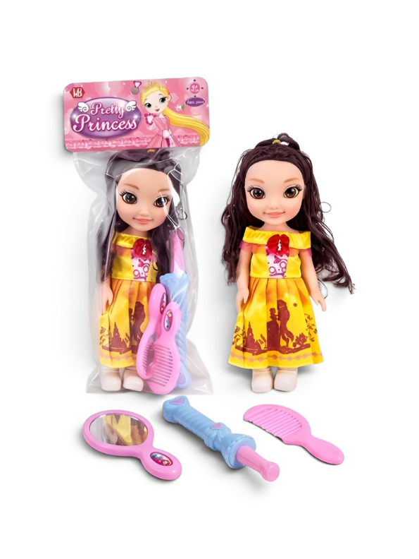 Pretty Princess Fashion Doll Gift Set – Includes Yellow Ballgown Dress, Toy Mirror, Comb Toy For Kids LMI11751