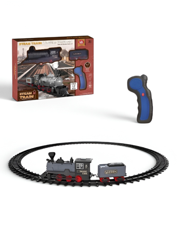 Vintage Remote Control Steam Train Set with Tracks – Battery Operated Toy Train with Locomotive Engine, Cargo Car, and 15-Piece Circular Track for Kids LMI16767