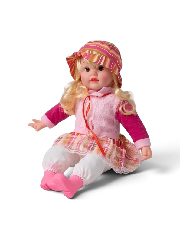 Sitting Baby Doll with Blonde Curls and Bonnet – Realistic Vinyl Princess Toy with Pink Dress, Matching Hat, and Boots – for Toddlers LMI7707