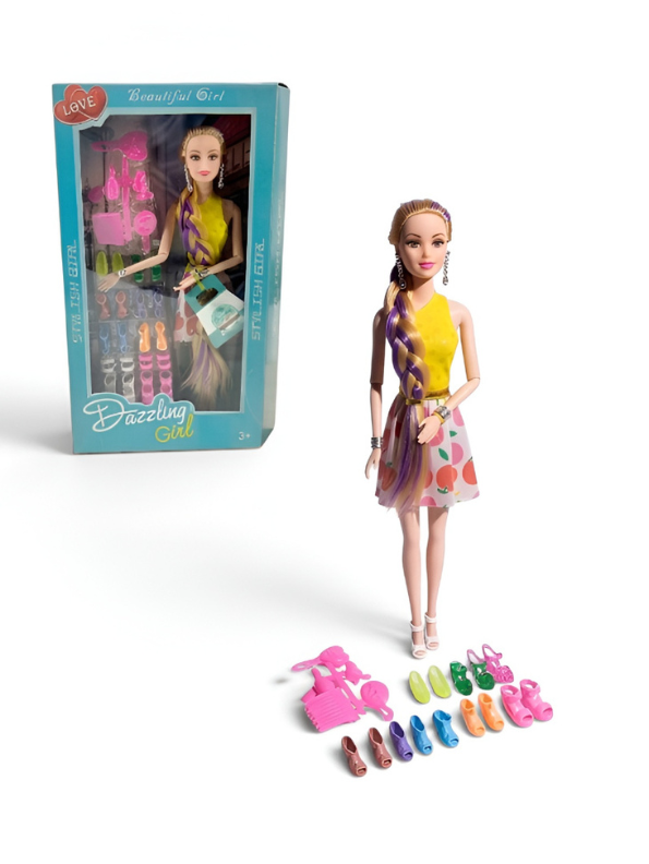 Fashion Doll Playset with Long Purple Braid Hair,Pairs Shoes & Styling Comb Accessories, Dress-Up Toy Gift for Kids LMI10084