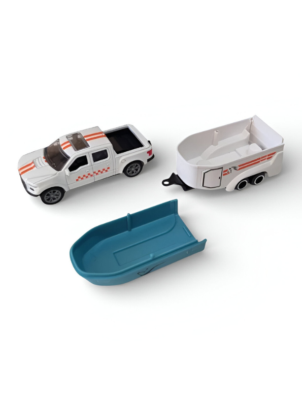Detachable Horse Box Caravan Toy – White Pickup Truck & Blue Horse Trailer for Kids and Collectors.