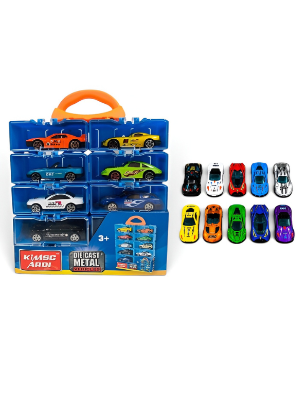 Diecast Metal Toy Vehicles Pack of 10 with Stackable Storage Pods – Portable Car Collection Organizer, Wall-Hanging Display Case, TV7188