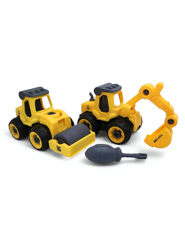 Yellow - Dig & Roll Set – Road Roller & Excavator Combo Toy with Screwdriver for Kids LMI11038.