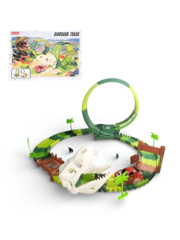 Dinosaur Race Track Toy Set – Flexible Track with 360° Loop, Dino Skull Tunnel & Bridge TV1782.
