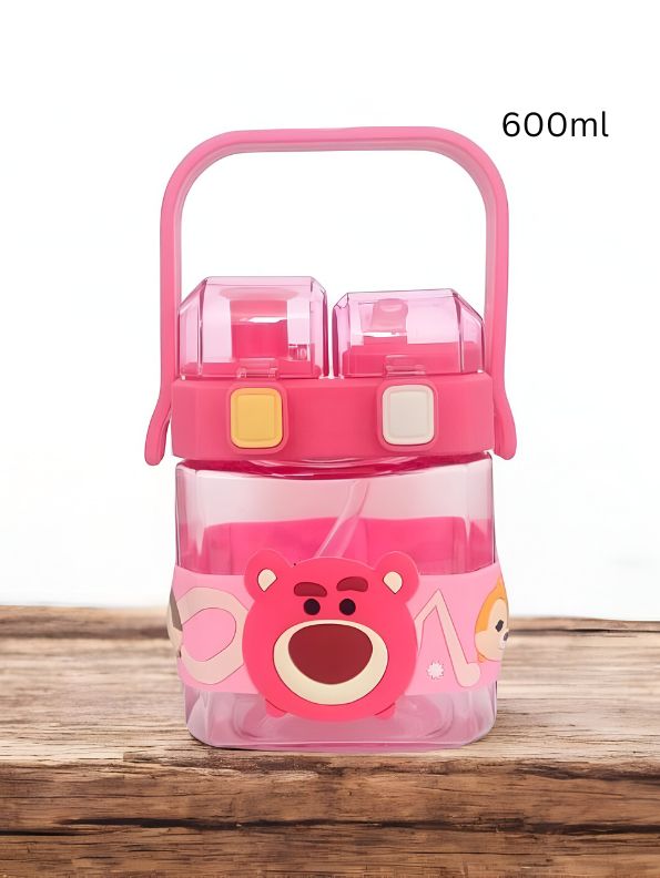 Disney Cartoon 2-in-1 Kids Water Bottle 600ml – Push Button Sipper + Straw | Leakproof Plastic Bottle with Neck Strap for School & Travel NOV10374.