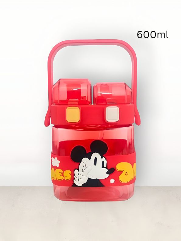 Red - Disney Cartoon 2-in-1 Kids Water Bottle 600ml – Push Button Sipper + Straw | Leakproof Plastic Bottle with Neck Strap for School & Travel NOV10374.