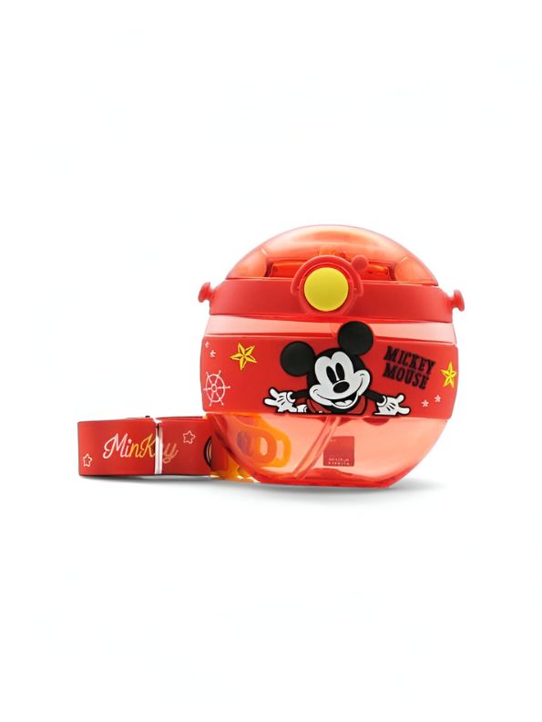Red - Disney Cartoon Donut Shape Sipper Water Bottle for Kids – 420ML BPA Free, Leakproof, Lightweight, Push Button, with Strap – Ideal for School Use NOV10477.