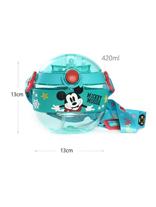 Turquoise - Disney Cartoon Donut Shape Sipper Water Bottle for Kids – 420ML BPA Free, Leakproof, Lightweight, Push Button, with Strap – Ideal for School Use NOV10477.