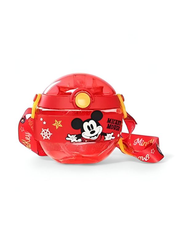 Red - Disney Cartoon Donut Shape Sipper Water Bottle for Kids – 420ML BPA Free, Leakproof, Lightweight, Push Button, with Strap – Ideal for School Use NOV10477.