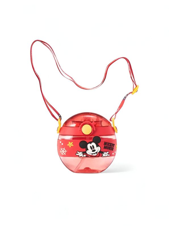 Red - Disney Cartoon Donut Shape Sipper Water Bottle for Kids – 420ML BPA Free, Leakproof, Lightweight, Push Button, with Strap – Ideal for School Use NOV10477.