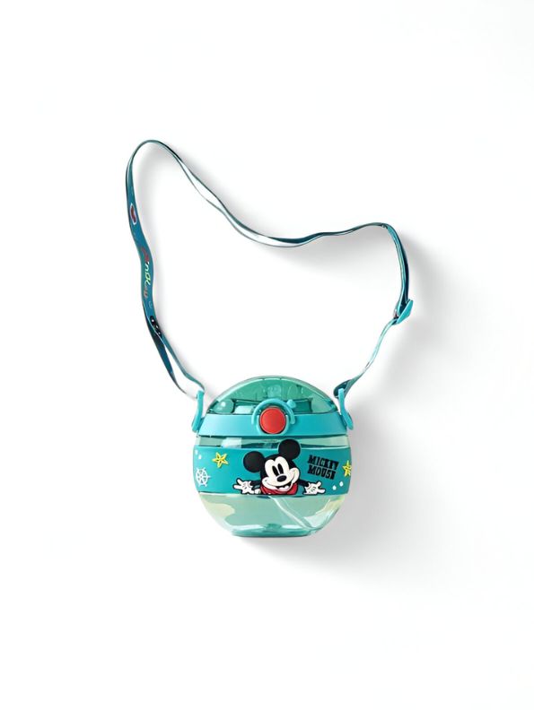 Turquoise - Disney Cartoon Donut Shape Sipper Water Bottle for Kids – 420ML BPA Free, Leakproof, Lightweight, Push Button, with Strap – Ideal for School Use NOV10477.