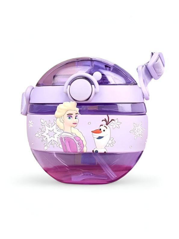 Purple - Disney Cartoon Donut Shape Sipper Water Bottle for Kids – 420ML BPA Free, Leakproof, Lightweight, Push Button, with Strap – Ideal for School Use NOV10477.
