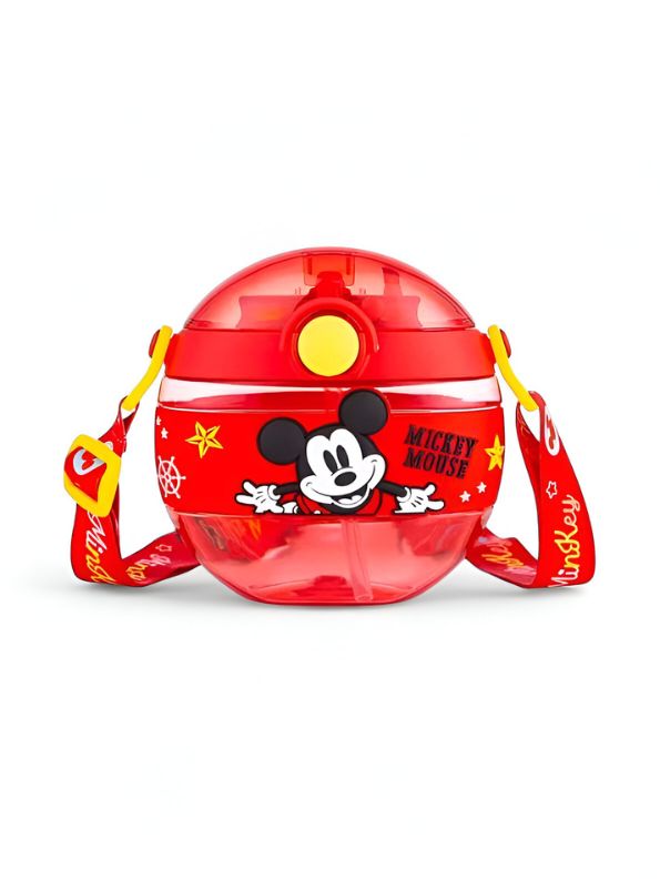 Red - Disney Cartoon Donut Shape Sipper Water Bottle for Kids – 420ML BPA Free, Leakproof, Lightweight, Push Button, with Strap – Ideal for School Use NOV10477.