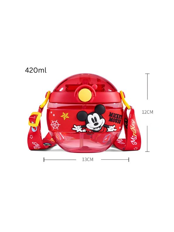 Red - Disney Cartoon Donut Shape Sipper Water Bottle for Kids – 420ML BPA Free, Leakproof, Lightweight, Push Button, with Strap – Ideal for School Use NOV10477.