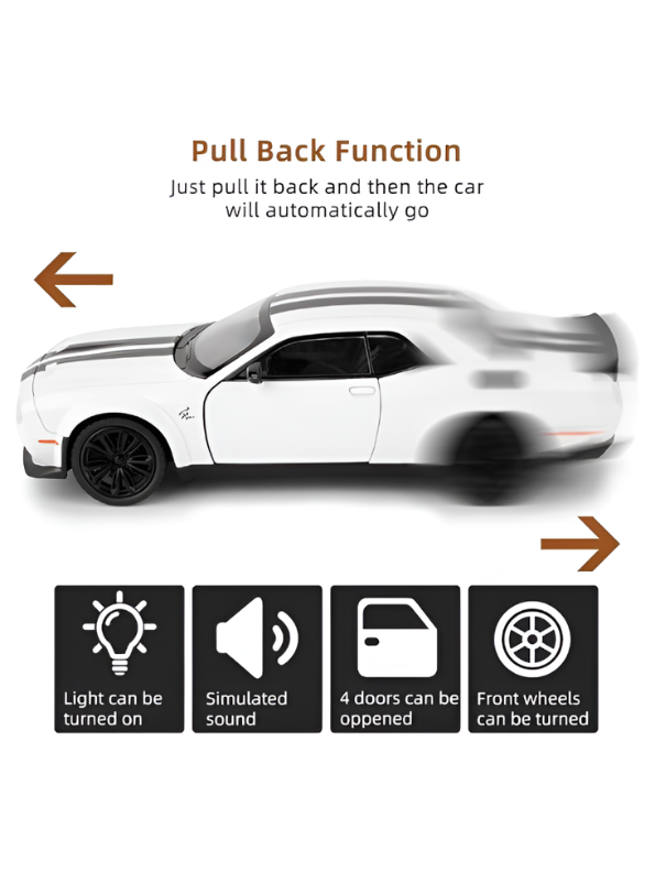 Dodge Challenger SRT Hellcat Diecast Model Car | White 1:22 Scale Diecast Car Collectible Model Car for Kids & Adults TV6761