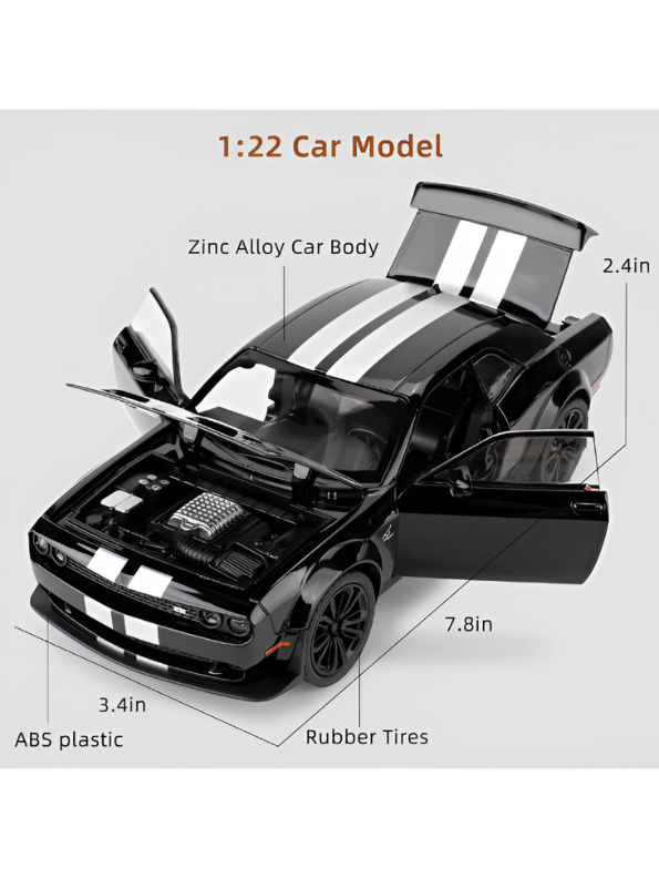 Dodge Challenger SRT Hellcat Diecast Model Car | Black 1:22 Scale Diecast Car Collectible Model Car for Kids & Adults TV6761