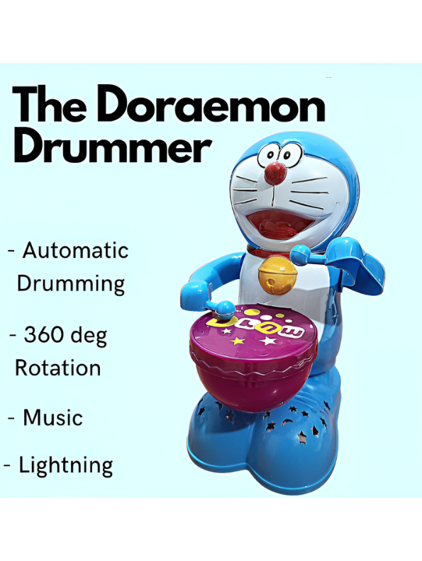 Doraemon Happy Drummer Toy with Automatic Drumming Action, 360-Degree Rotation, Dynamic Music and Light-Up Projection Base for Infants and Toddlers LMI9691