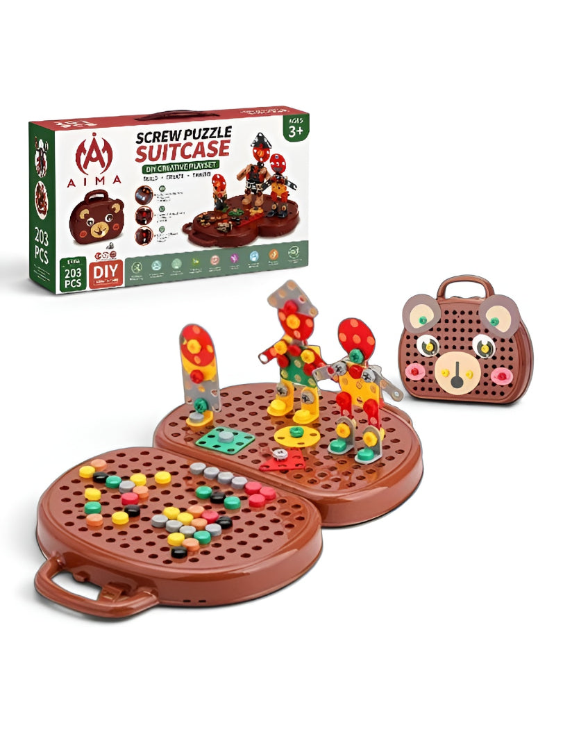 Educational 2D & 3D Mosaic Screw Puzzle Case with Electric Toy Drill 203-Piece Kids TV7240
