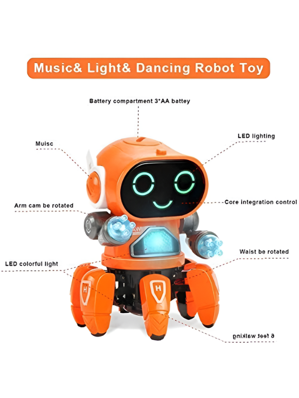 Electronic Orange Walking Dancing Robot Toy – 6 Legs Interactive Octopus Bot Pioneer with Flashing Lights and Music TV4280