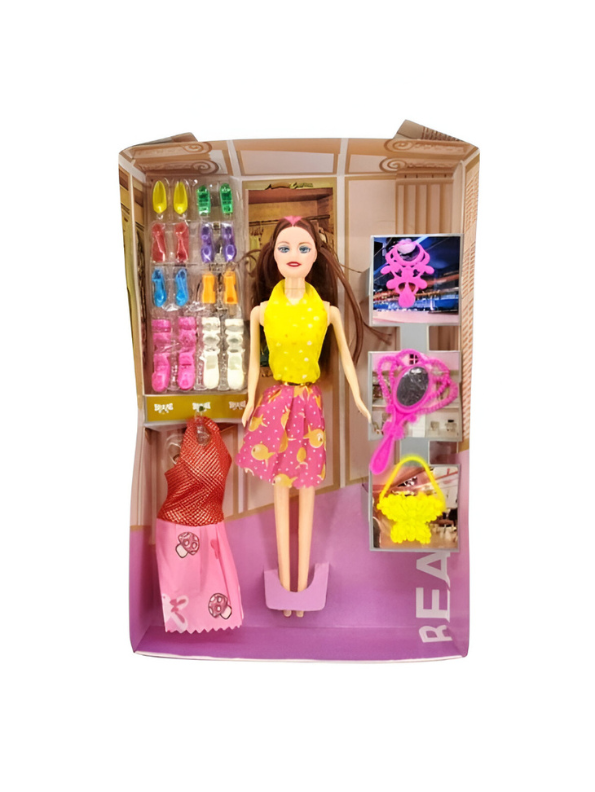 Fashion Doll Gift Set – Dress-Up Doll Toy with 10 Pairs of Shoes, Extra Outfit, Purse, Mirror & Jewelry Accessories LMI10076.