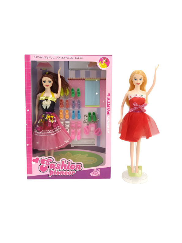 Fashion Pioneer 2-Pack Doll Set – Trendy Party Dolls with 10 Mix-and-Match Shoes, Blonde & Brunette Stylable Dolls with Display Stands LMI15337.