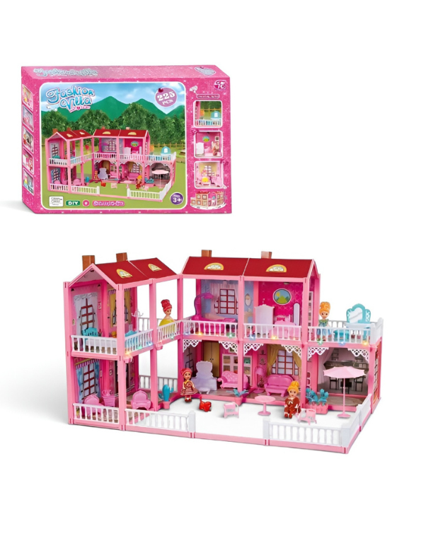 Fashion Villa DIY 225-Piece Pink Doll House Play Set with Lights, Dolls & Furniture for Kids (Ages 3+) TV6970
