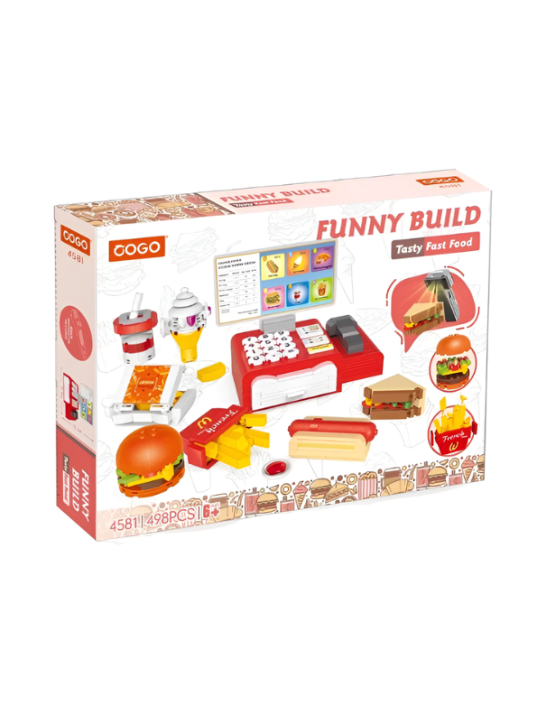 Fast Food Building Block Set – 498 Pieces with Cash Register, Burger, Hot Dog & Fries, Educational Construction Toy TV5674.