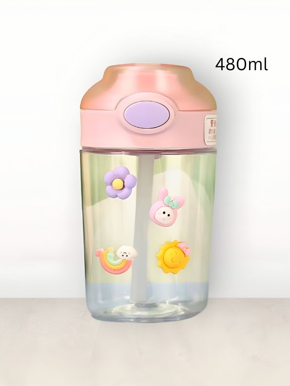 Pink - FloraSip – 480 ml Water Bottle for Kids with Straw | Non-Toxic & BPA-Free | Cute Cartoon Flower Print | Leak-Proof Bottle for School, Travel & Outdoor Use NOV6324.