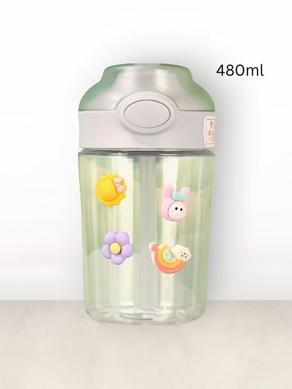 Grey - FloraSip – 480 ml Water Bottle for Kids with Straw | Non-Toxic & BPA-Free | Cute Cartoon Flower Print | Leak-Proof Bottle for School, Travel & Outdoor Use NOV6324.